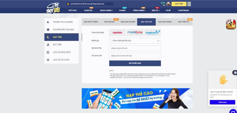 Hướng dẫn nạp tiền nhà cái Sky88