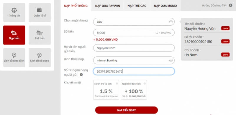 Cách nạp tiền tại nhà cái RED88