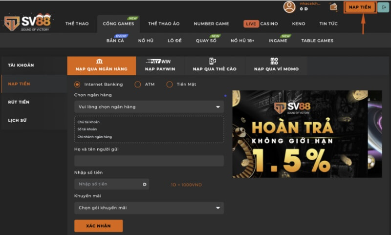 Hướng dẫn thao tác nạp tiền tại SV88 cho người mới