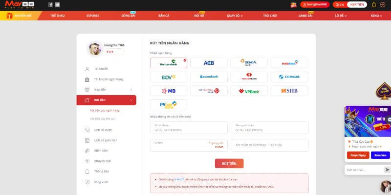 Hướng dẫn rút tiền về tài khoản ngân hàng